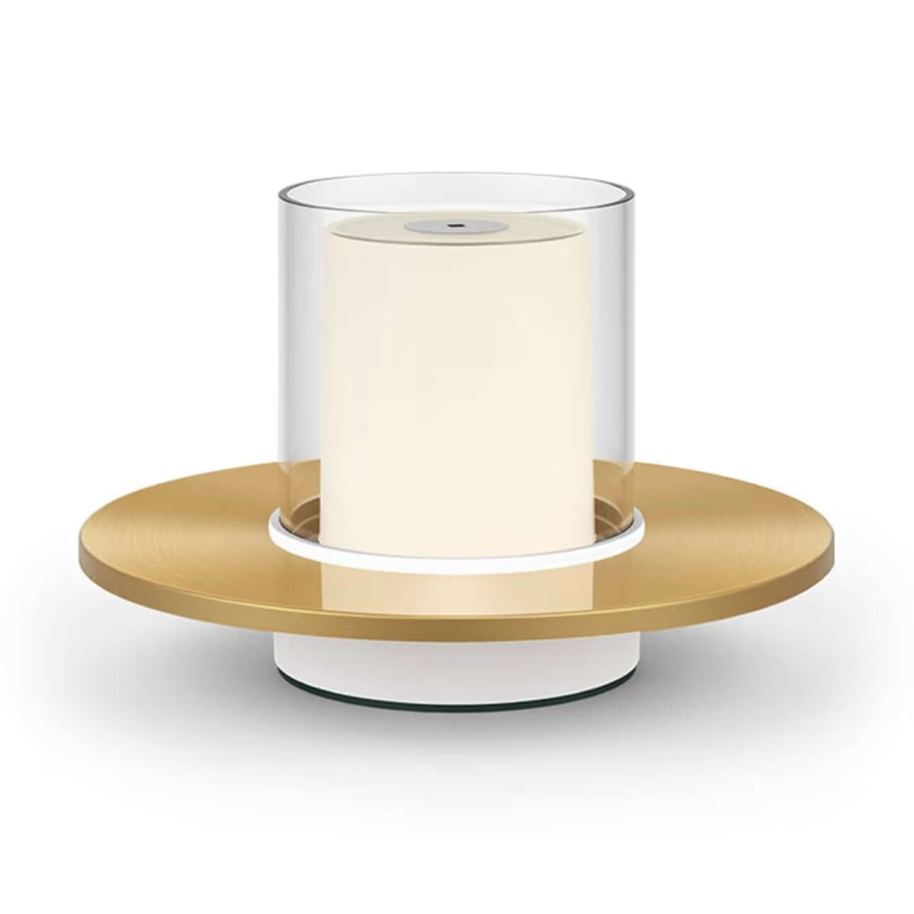 Rechargeable candle lamp with touch control and soft LED glow in a stylish gold and glass design, ideal for ambiance.