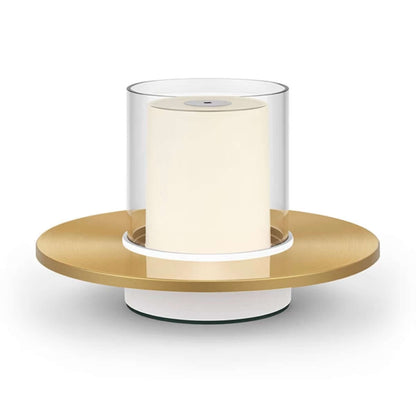 Rechargeable candle lamp with touch control and soft LED glow in a stylish gold and glass design, ideal for ambiance.