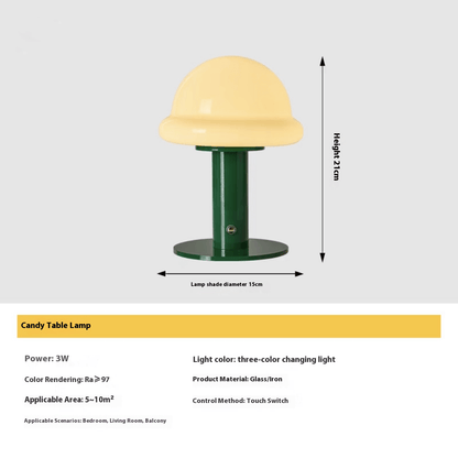 Candy Table Lamp with yellow shade and green base, height 27cm, touch control, three-color LED light.