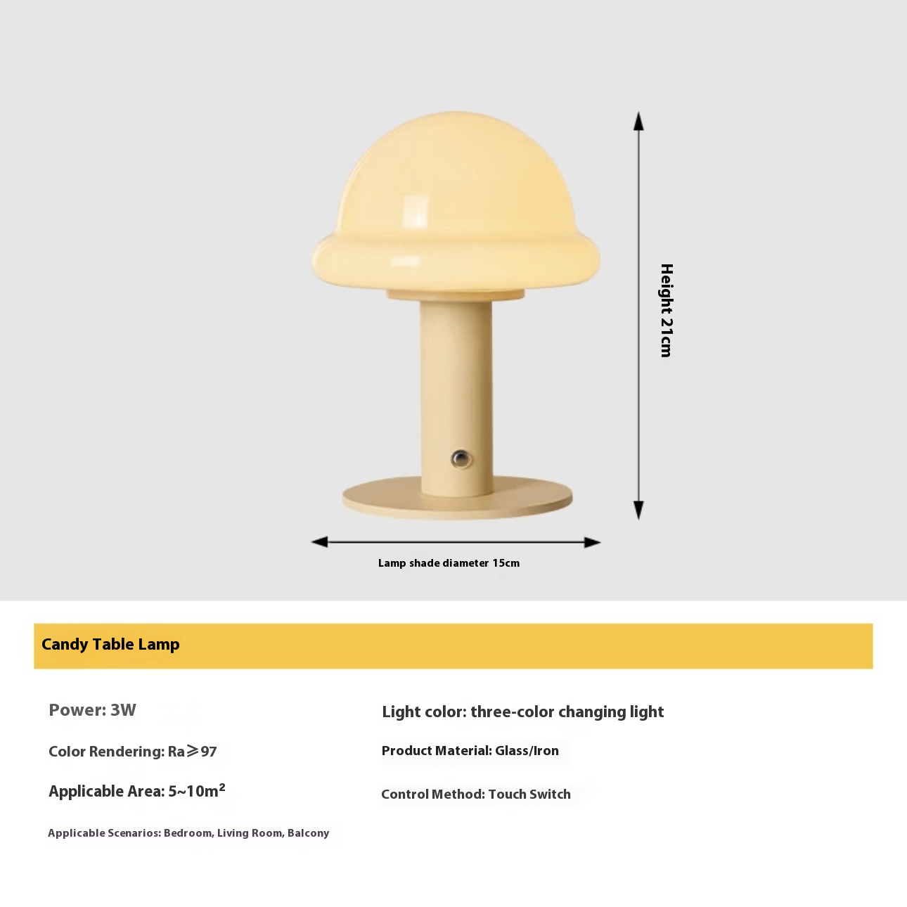 Candy Table Lamp in yellow with touch switch, 3-color LED, perfect for bedrooms and balconies.