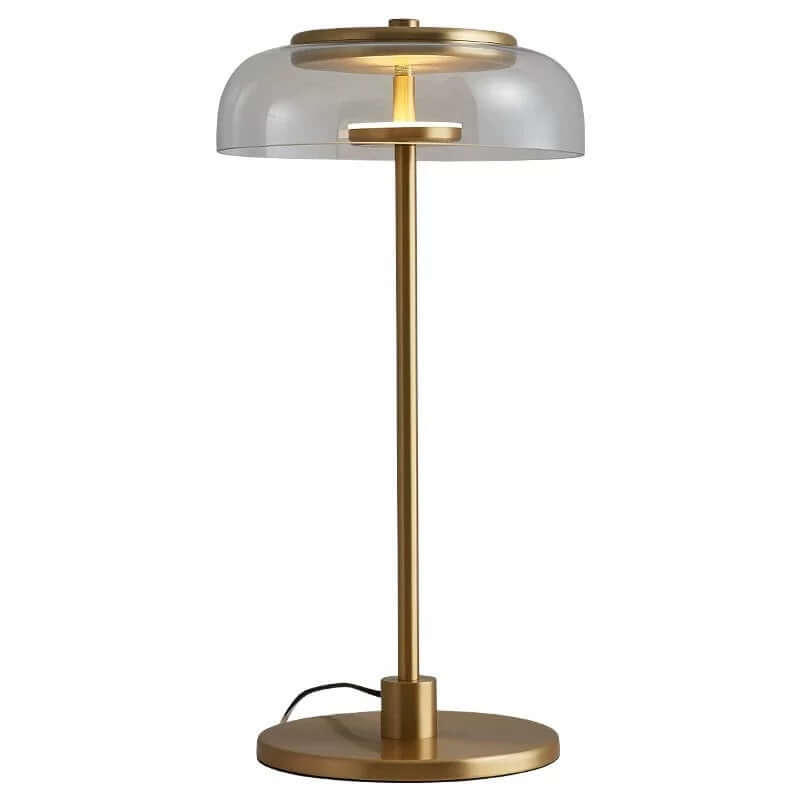 Vintage luxury table lamp with a metal base and glass lampshade, featuring soft LED light for elegant decor.