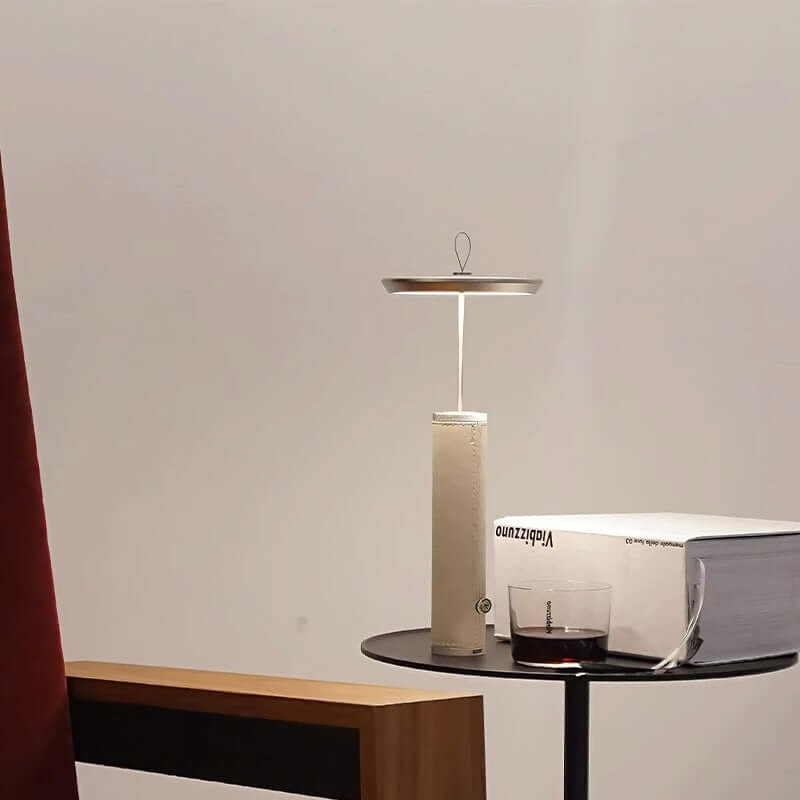 LED warm light bedside lamp with aluminum lampshade and vintage leather
