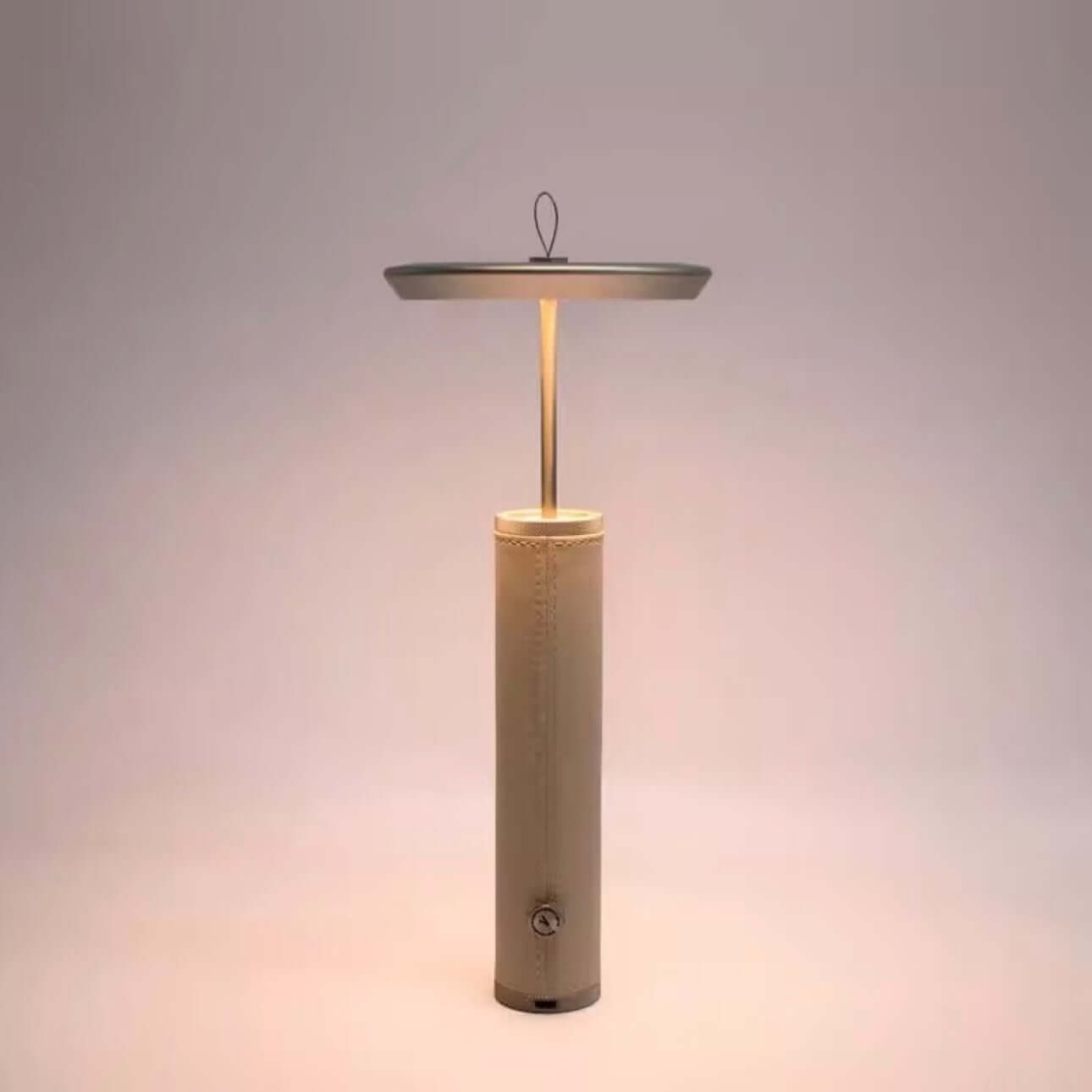 rechargeable portable table lamp with aluminum alloy lampshade and leather accents