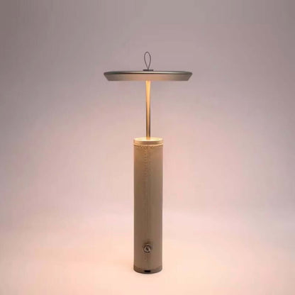 rechargeable portable table lamp with aluminum alloy lampshade and leather accents
