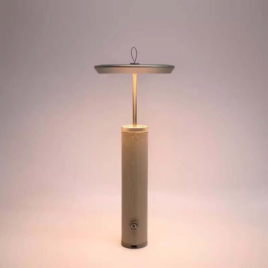 rechargeable portable table lamp with aluminum alloy lampshade and leather accents