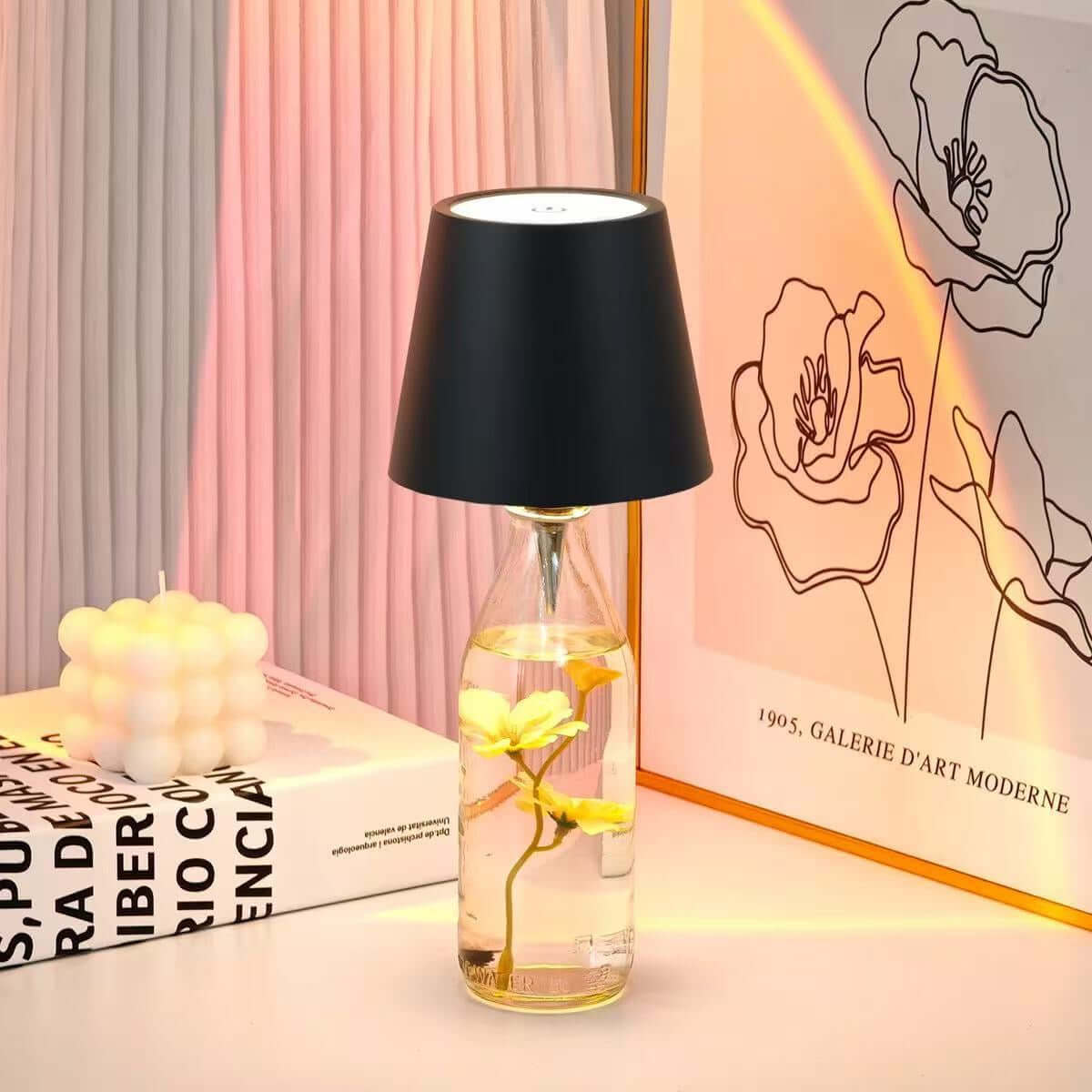 Atmosphere lamp in wine bottle design with soft, evenly diffused light