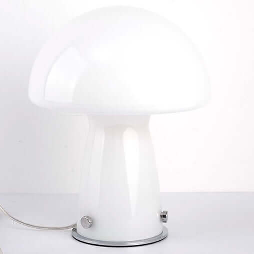 Mushroom-shaped glass table lamp with white shade and silver base, featuring USB and stepless dimming.