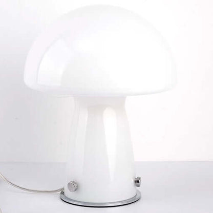 Mushroom-shaped glass table lamp with white shade and silver base, featuring USB and stepless dimming.