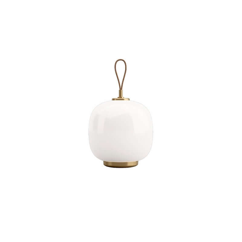 Danish portable table lamp with white hand-blown glass and gold accents, ideal for indoor and outdoor use.