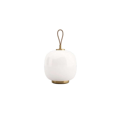 Danish portable table lamp with white hand-blown glass and gold accents, ideal for indoor and outdoor use.