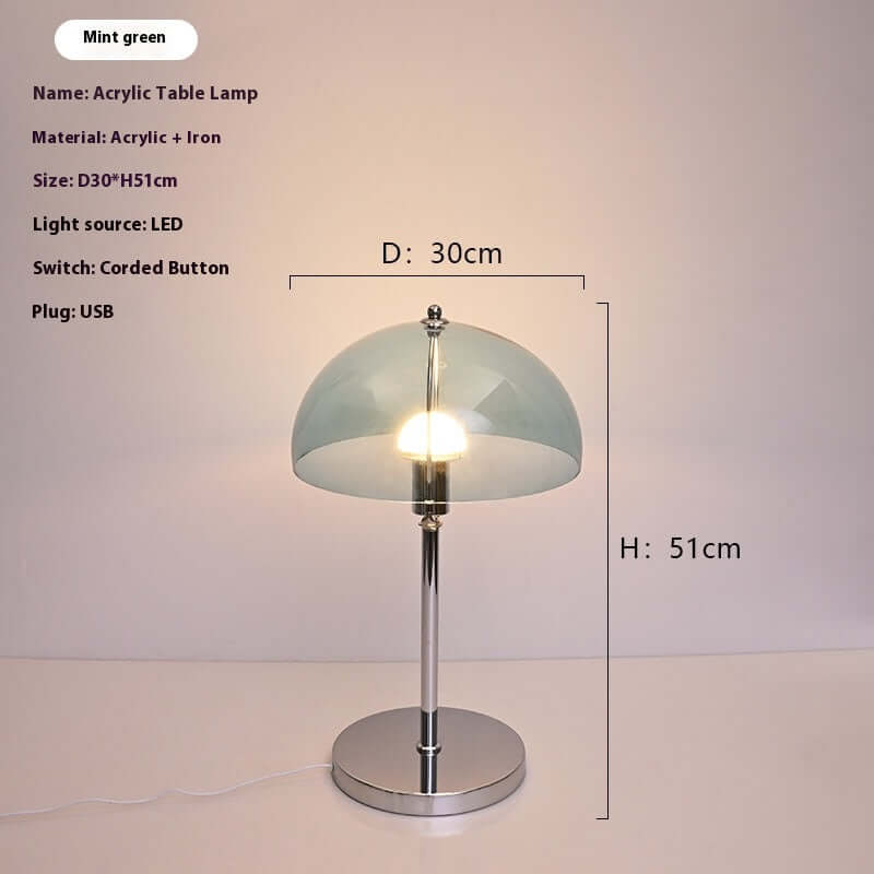 Mint green acrylic table lamp with LED light source, height 51cm and diameter 30cm, featuring a corded button and USB plug.