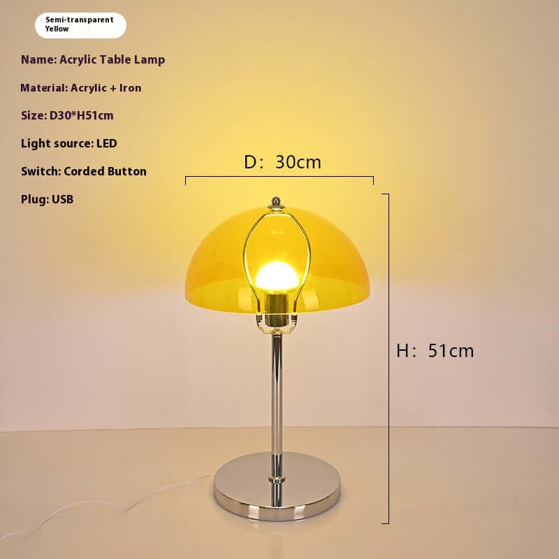 Bauhaus Vintage Acrylic Table Lamp with USB, stepless dimming, and eye-friendly soft light; elegant design in semi-transparent yellow.