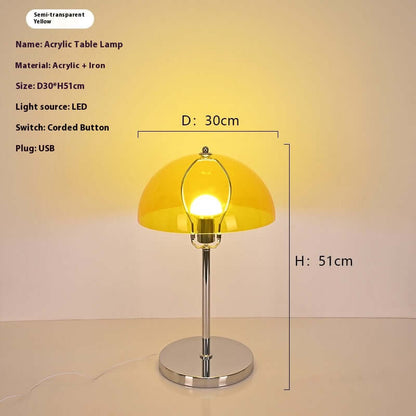 Bauhaus Vintage Acrylic Table Lamp with USB, stepless dimming, and eye-friendly soft light; elegant design in semi-transparent yellow.