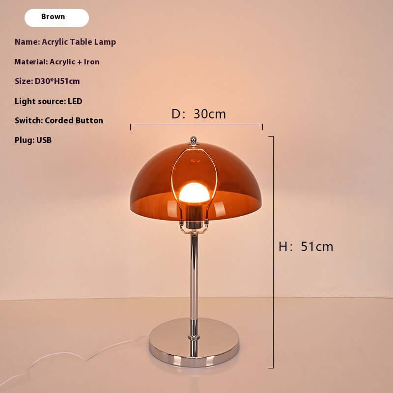 Bauhaus Vintage Acrylic Table Lamp with brown dome shade, USB & corded switch, 30cm diameter, 51cm height.