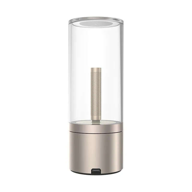 Rechargeable LED Candle Atmosphere Lamp with Metallic Base and Brass Wick - Close-up View