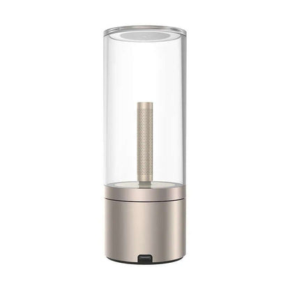 Rechargeable LED Candle Atmosphere Lamp with Metallic Base and Brass Wick - Close-up View