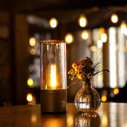 Size Reference View: Rechargeable LED Candle Lamp Compared to a Standard Soda Can