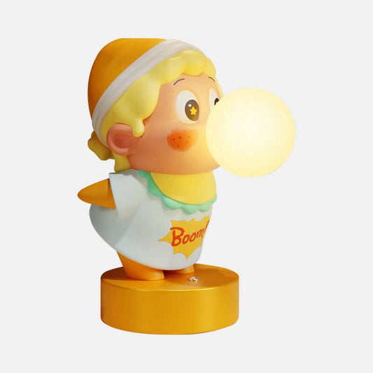 `Lumiosa Star Messenger Bubble Blow resin art toy night light with glowing bubble, duck character on gold base`
