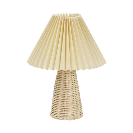 `Cream pleated paper shade Nordic table lamp with handcrafted bamboo woven base on white background`