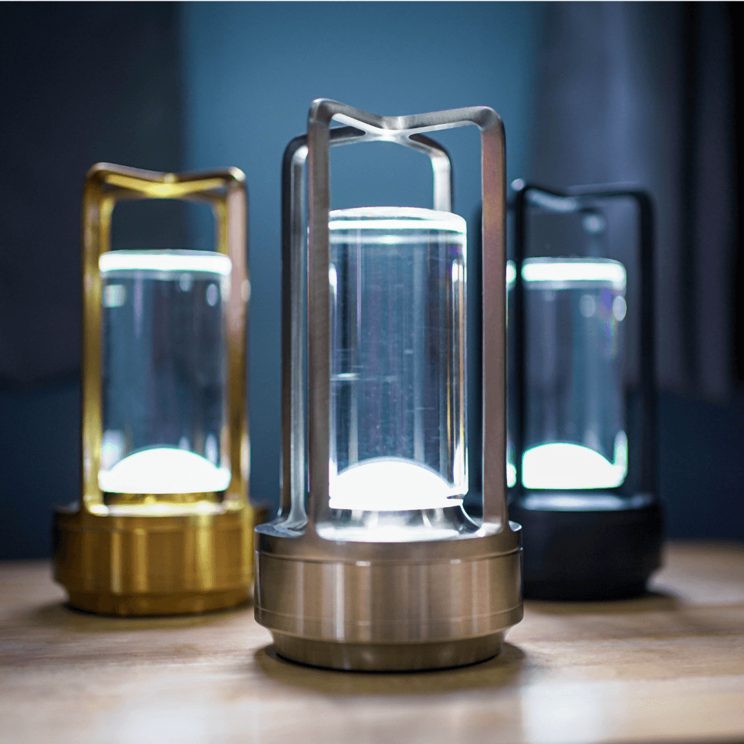 Japan Crystal Lantern Table Lamp in gold, silver, and black, showcasing minimalist Scandinavian design and flexible lighting options.