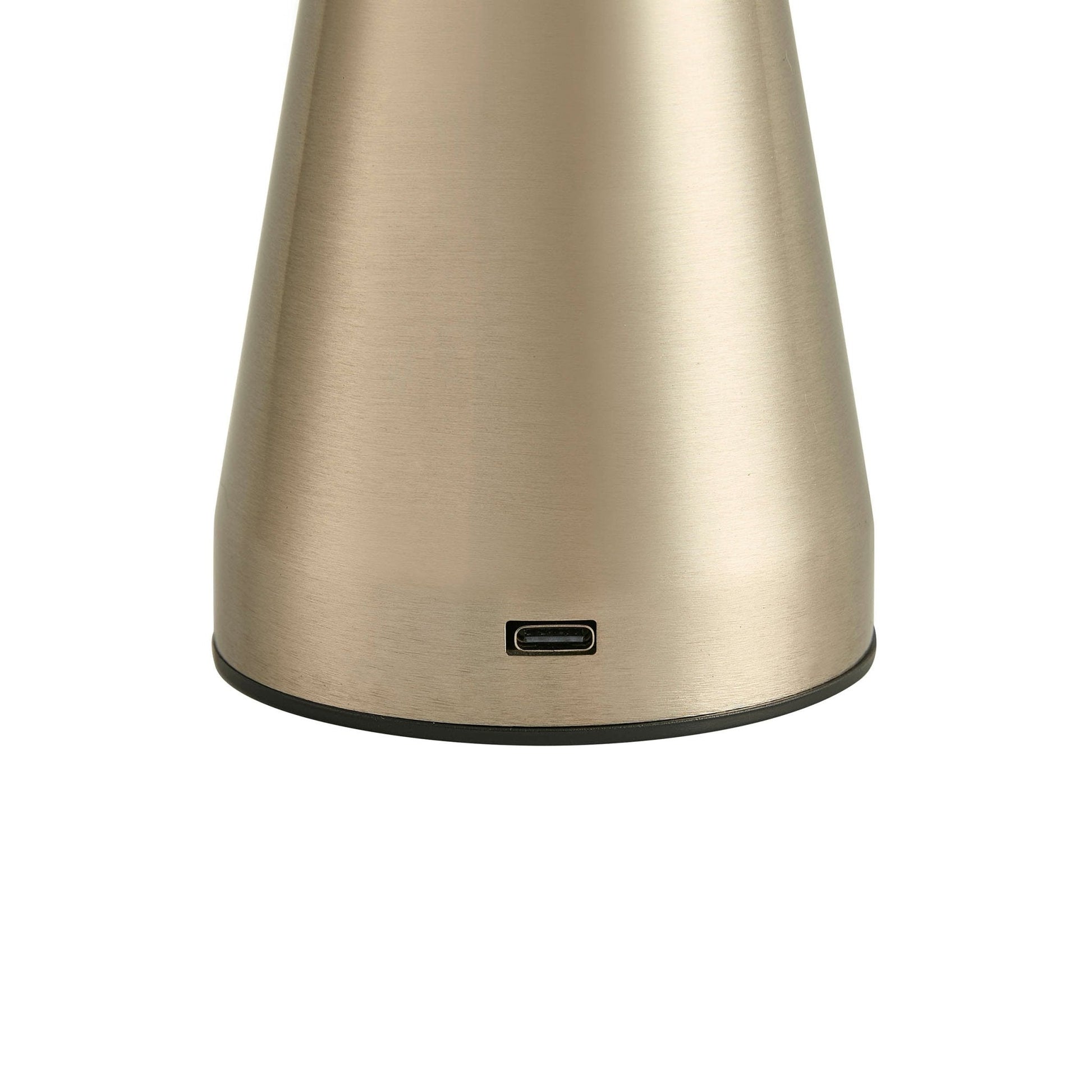 Close-up of Lumiosa mini domed LED lamp base with USB-C charging port, showcasing its elegant design in brushed metal.