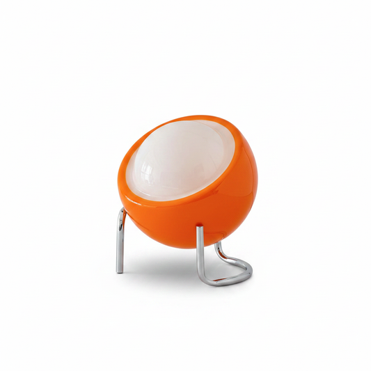 `Bauhaus Retro Orange Globe Table Lamp with chrome curved tripod base on white background`