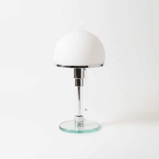 `Bauhaus Heritage Nordic Glass Table Lamp – opal glass dome shade with chrome stem and clear glass base on white background`