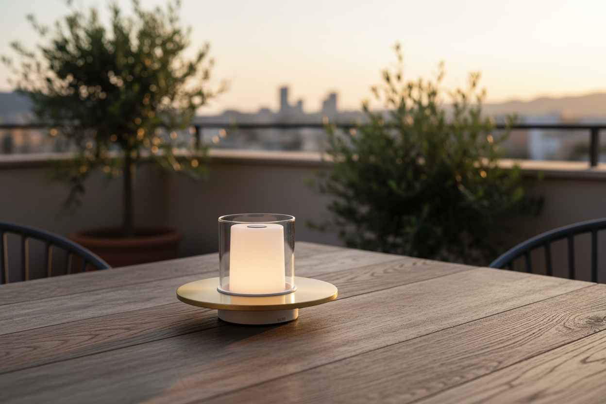 Lumiosa™ Eternal Flame rechargeable candle lamp with brushed brass base glowing warm 2400K light on a rustic oak patio table at golden hour, Mediterranean city skyline in soft bokeh background