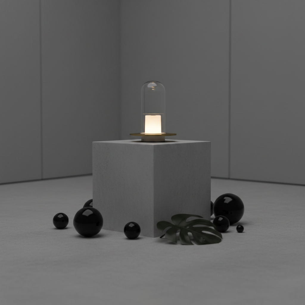 Lumiosa™ Eternal Flame LED candle lamp centered on a concrete pedestal with black obsidian spheres and Monstera leaf, warm glow against a cool monochromatic luxury studio setting