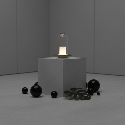 Lumiosa™ Eternal Flame LED candle lamp centered on a concrete pedestal with black obsidian spheres and Monstera leaf, warm glow against a cool monochromatic luxury studio setting