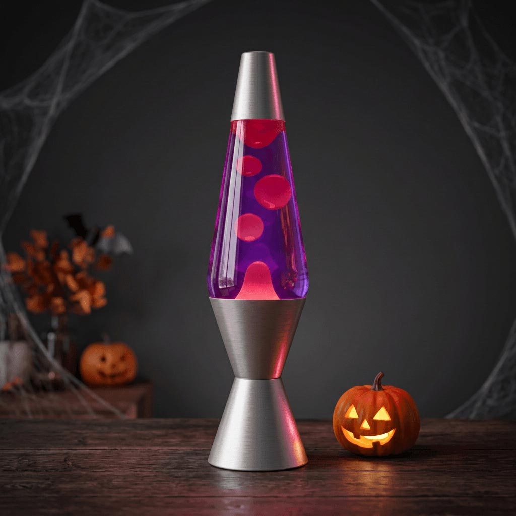 Lava lamp with a silver base and cap, purple liquid, and red wax.