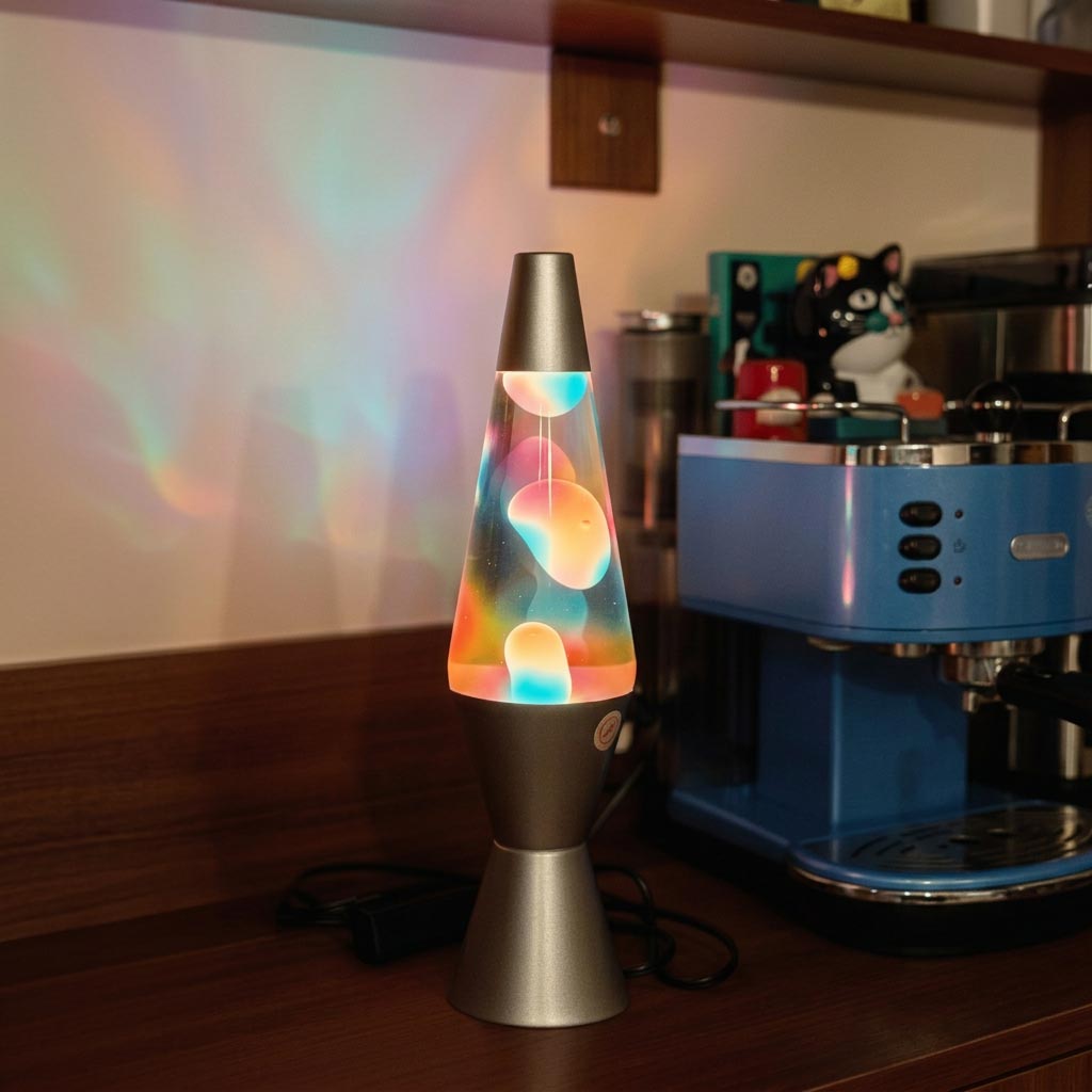 Rainbow lava lamp with a brushed metal base and cap, glowing colorful wax, and soft iridescent light on the wall behind it.