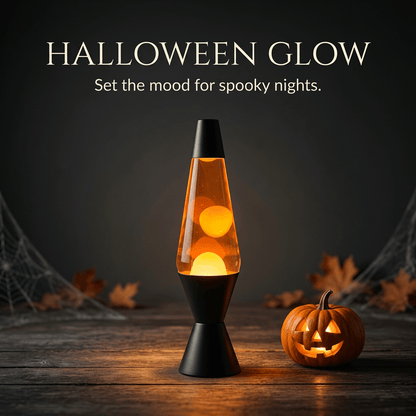 Lava lamp with a black base and cap, clear liquid, and orange wax.