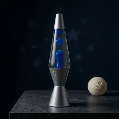 Lava lamp with a sliver base and cap, clear liquid, and blue wax.