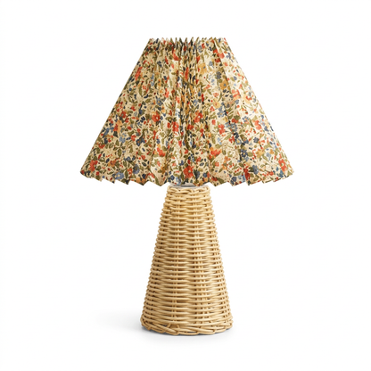 Floral Pleated Paper Table Lamp with Cone-Shaped Woven Rattan Base on White Background