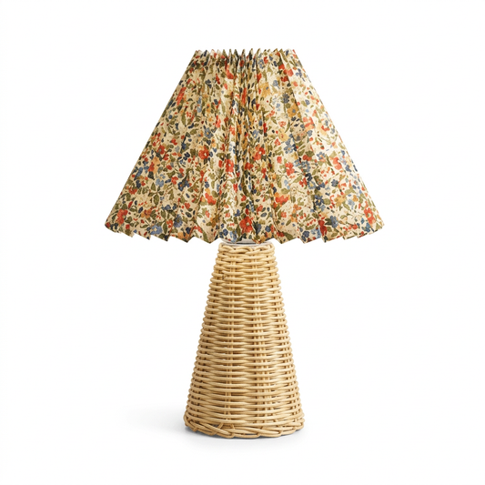 Floral Pleated Paper Table Lamp with Cone-Shaped Woven Rattan Base on White Background