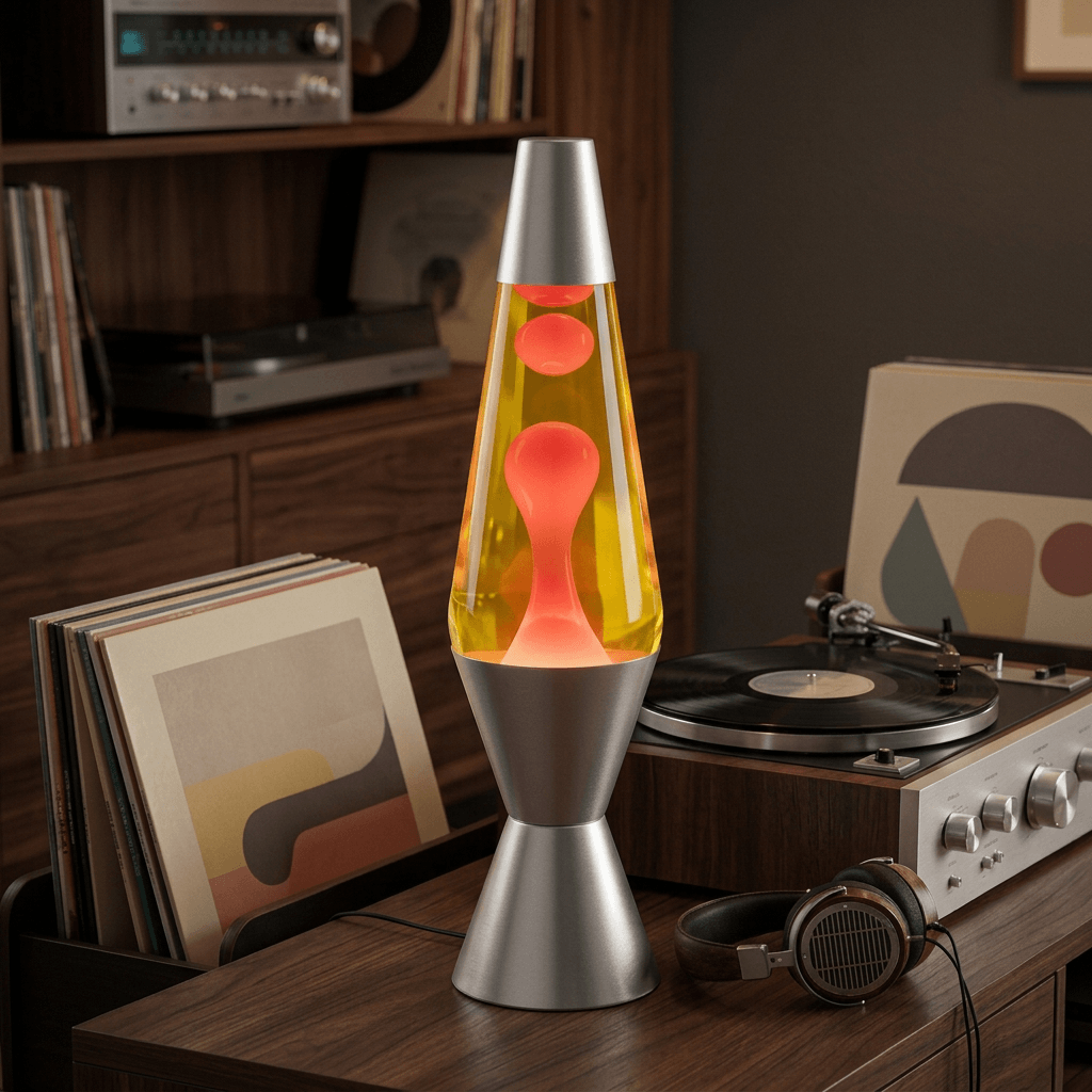 Lava lamp with a sliver base and cap, yellow liquid, and red wax.