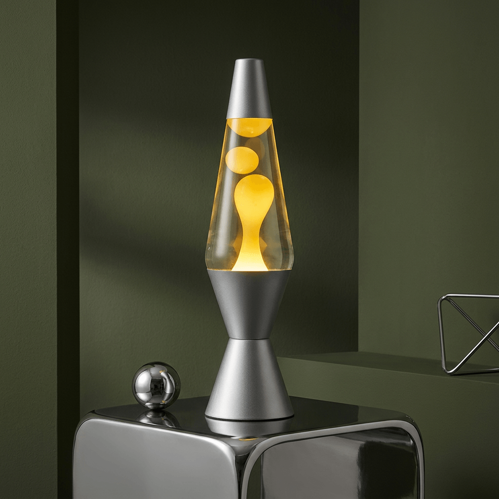 Lava lamp with a sliver base and cap, clear liquid, and yellow wax.