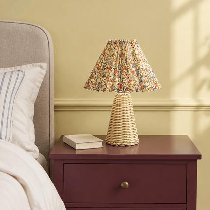 English Country Floral Pleated Lamp with Bamboo Woven Base