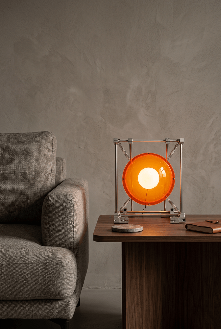 Sculptural orange acrylic table lamp styled on a modern living room side table