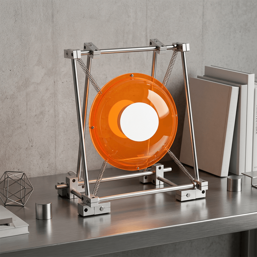 Industrial-style orange acrylic table lamp in a contemporary design studio