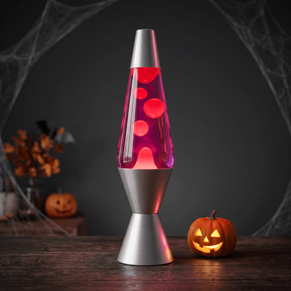 Lava lamp with a sliver base and cap, purple liquid, and red wax.