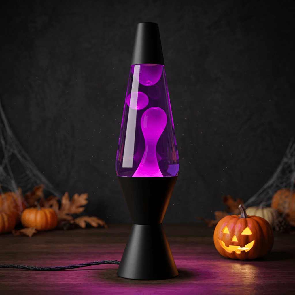 Black lava lamp with red wax and purple-red liquid beside a Halloween pumpkin.