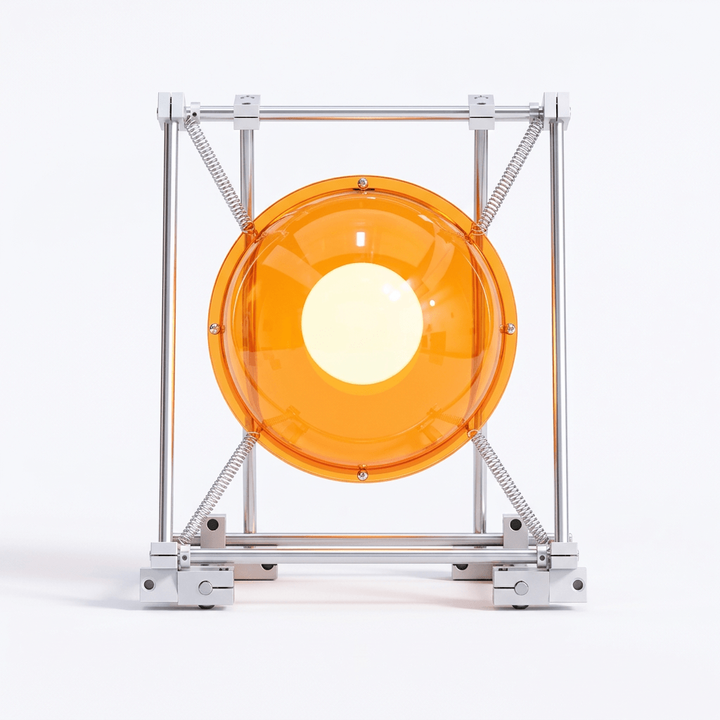 Sculptural orange acrylic table lamp with stainless steel frame and exposed springs