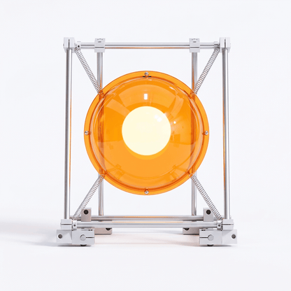 Sculptural orange acrylic table lamp with stainless steel frame and exposed springs