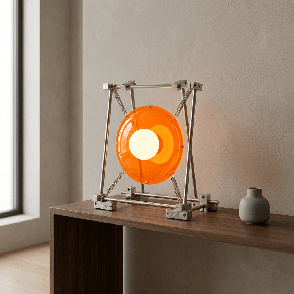 Orange sculptural table lamp on a walnut console in a minimalist interior