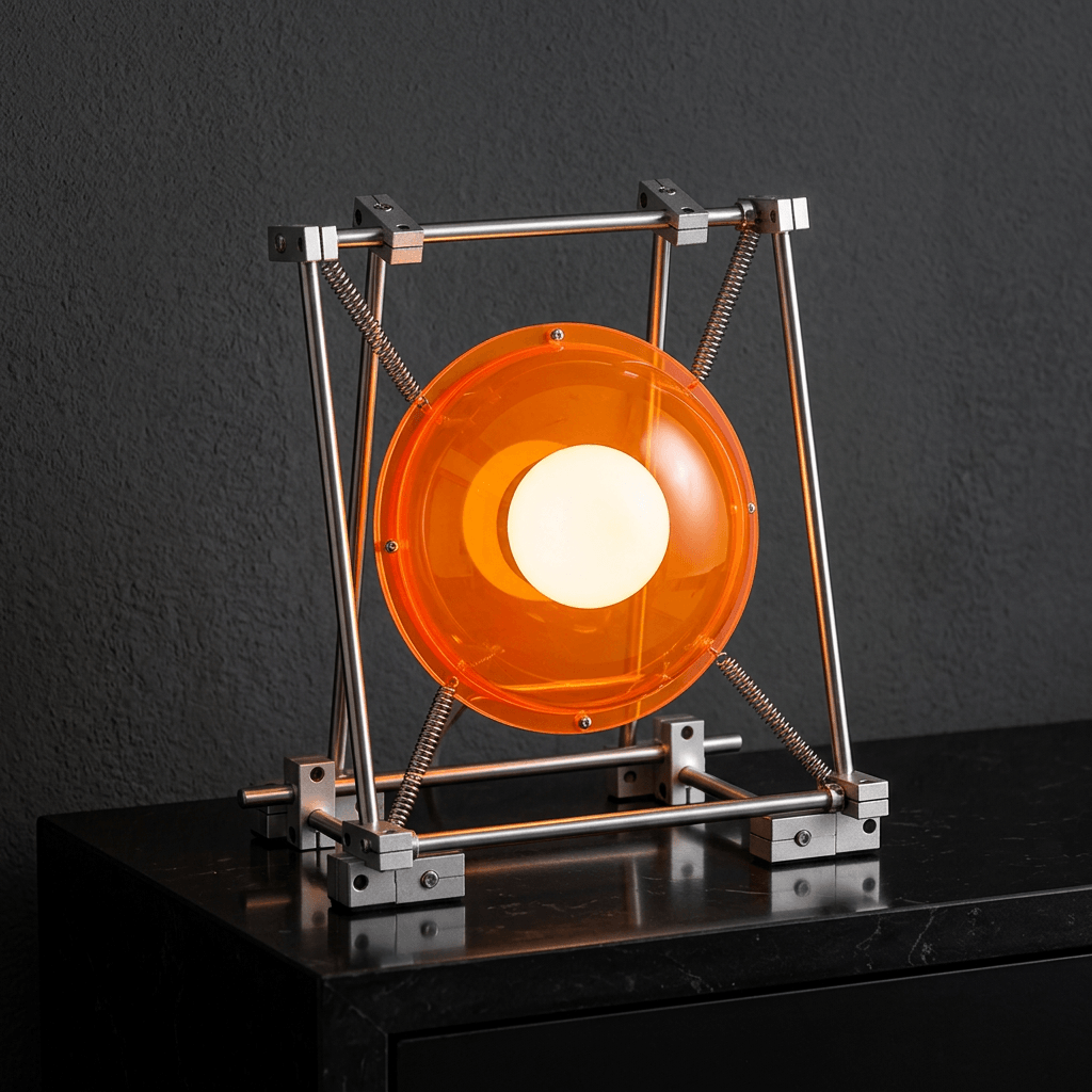 Orange acrylic table lamp illuminated with neutral white light
