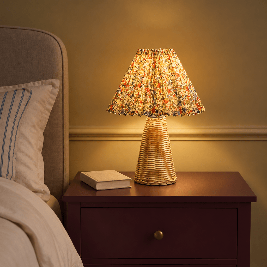 Floral Pleated Table Lamp with Woven Bamboo Base – English Country Style
