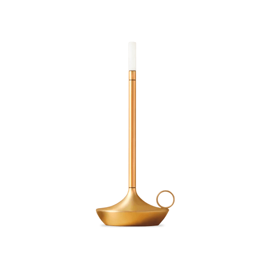 Tibet table lamp in gold with minimalist design, featuring a rechargeable, cordless touch sensor and brightness adjustment.