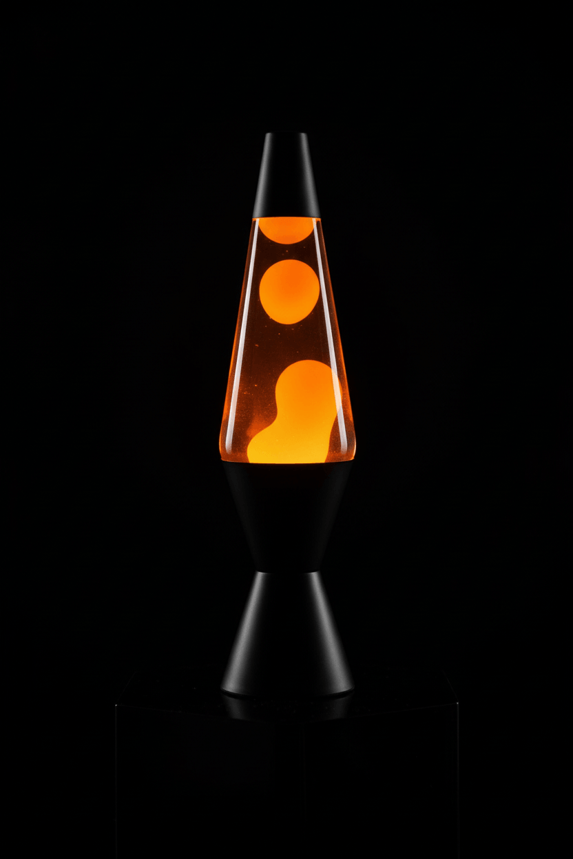 13-inch orange lava lamp with clear liquid and black base
